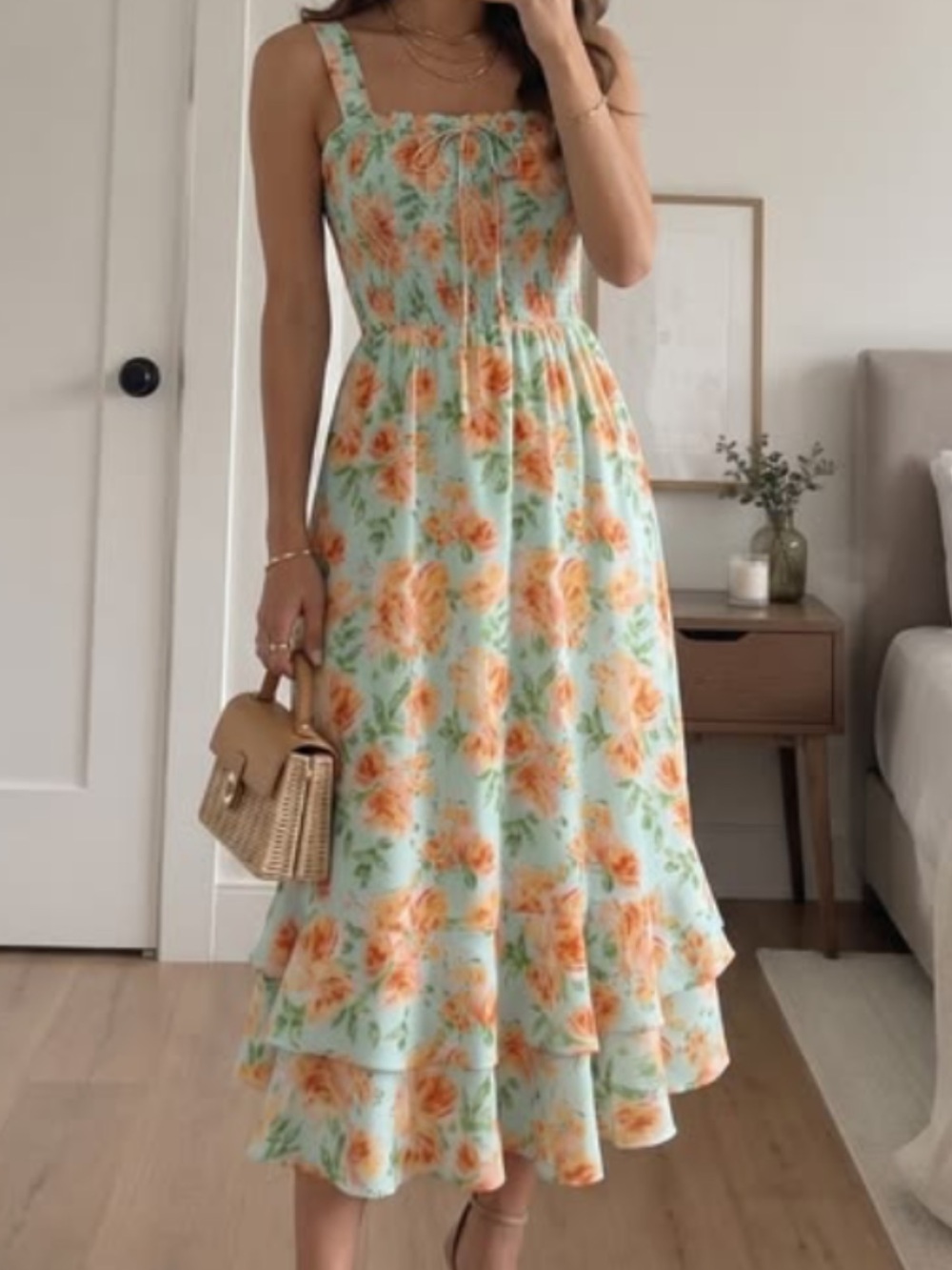 Grace Karin blue & orange floral smocked midi dress large